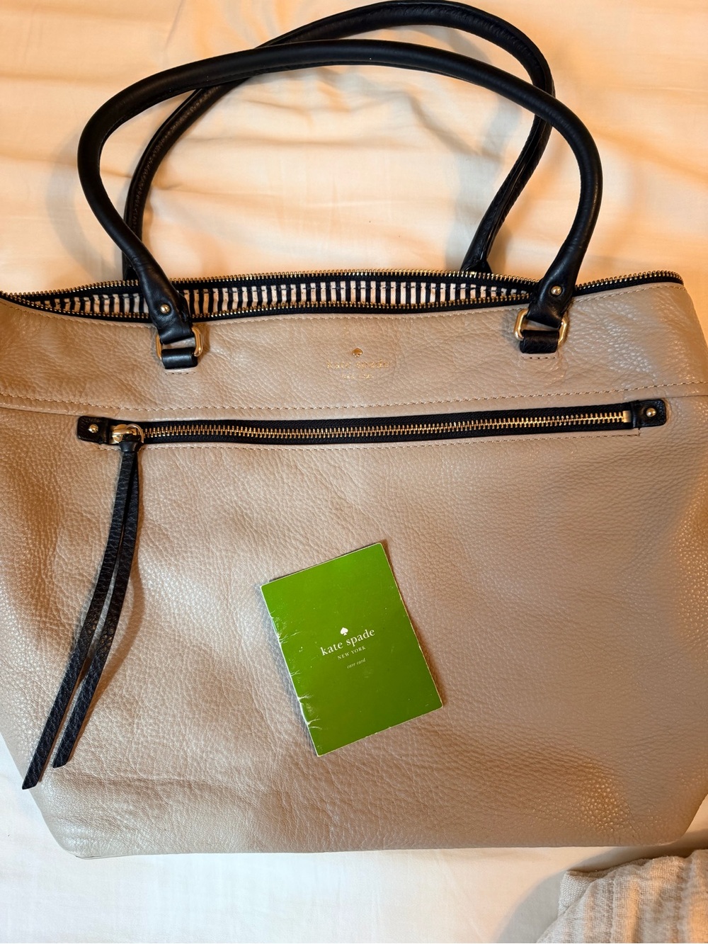 kate spade Leather Tote Bag in Taupe with Black Trim